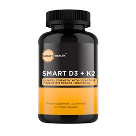 smart HEALTH - Vitamin D3 + K2 - Bone Health & Immune Support - 7000 IU(175 MCG)D3 + 500 MCG K2 - Cofactors B6, Magnesium & Zinc - Gluten Free, Vegan, Non-GMO - Dietary Supplement - 30 Veggie Capsules