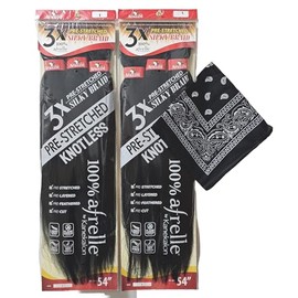 Afreezm Pre-Stretched Silky Braiding Hair 3X with Bandana - 2 Packs - 54 inches (#1)