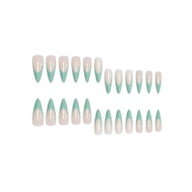 Green French Tips Press on Nails Long Stiletto Fake Nails with 3D Water Ripple Design Glossy Skin Tones False Nails Summer Nails Full Cover Handmade Glue on Nails for Women Girls Manicure 24Pcs