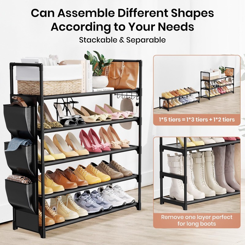 VILICK 5 Tier Shoe Rack with Hook and Side Pocket,Shoe