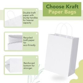 MESHA 100 Pack White Gift Bags 8x4.25x10.5 Inch Kraft Paper Bags with Handles Bulk Craft Bags Medium Size for Wending Birthday Party Favor Retail Merchandise Bags