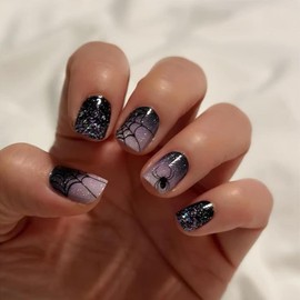 Halloween Press on Nails Short Square 3D Fake Nails Black Purple Gradient Spider Nails Press ons with Glossy Shiny Spider Web Design Acrylic Glue on Nails Artificial Stick on Nails for Women 24Pcs