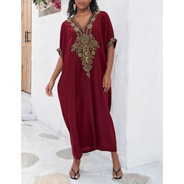 Bsubseach Gold Embroidery Long Kaftan Dresses V Neck Caftan Dress Beach Cover Ups for Women Maroon