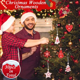 Kiiwah Pack of 30 Wooden Christmas Pendants, Christmas Wooden Pendants with Cotton Threads and Beads for Christmas Tree Decorations (Red, White)