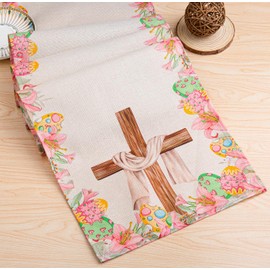 DUQGUHO Religious Easter Decorations Table Runner Cross Lily Decor 13*73 Inch Seasonal Linen Resurrection Decor for Home Party Table Dining Holiday