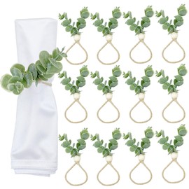 WINGFISH Eucalyptus Leaf Napkin Rings Set of 12 Farmhouse Easter Napkin Rings Wood Bead Boho Napkin Ring Holder for Party Gathering Banquet Wedding Birthday Dinning Table Decoration