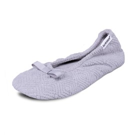 Isotoner Women's Microterry Gemma Ballerina Slippers with Memory Foam Comfort and Suede Sole, Light Grey Diamond, 6.5-7. 5