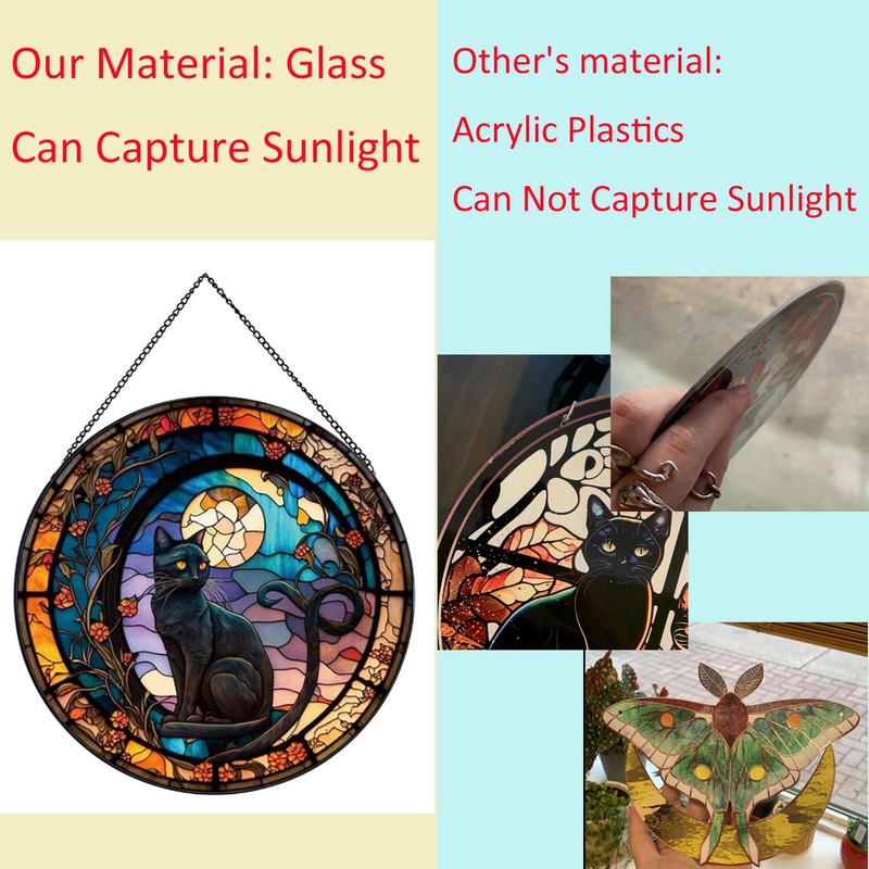 Payutou Black Cat Stained Glass Panels,Stained Glass for Windows for