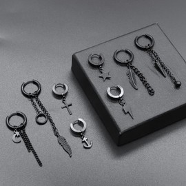 Thokono 8/12 Pieces Hoop Dangle Earrings Stainless Steel Dangle Foldable Hoop Earrings Long Chain Pendant Kpop Earrings Hoop Earrings Hanging Earrings with Chain Punk Gothic Cross Kpop Earrings Long