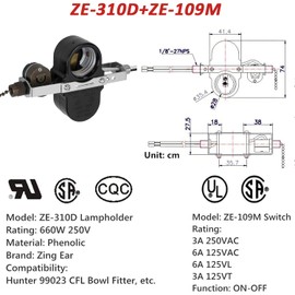 Ceiling Fan Switch ZE-310D Light Socket Pull Chain Switch, Compatible with Hunter Fan, Ceiling Fan Lamp Light, Lamp Holder E95014-Bronze Chain
