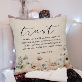 KongMoTree Bible Verse Throw Pillow Case, Blessing Gift, Scripture Art, Scripture Sayings, Bible Quote, Proverbs 3:5-6, Church Gifts, Sofa Bed Living Room Porch Decoration, 18x18 Inches