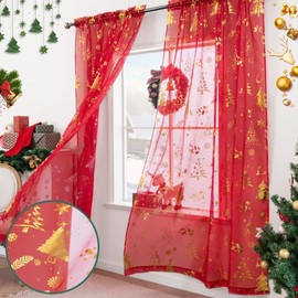 KarINSTALLi - Cortinas transparentes de Navidad para sala de estar, árbol de Navidad, cortinas transparentes con estampado de lámina dorada, cortinas de ventana con bolsillo para barra, decoración