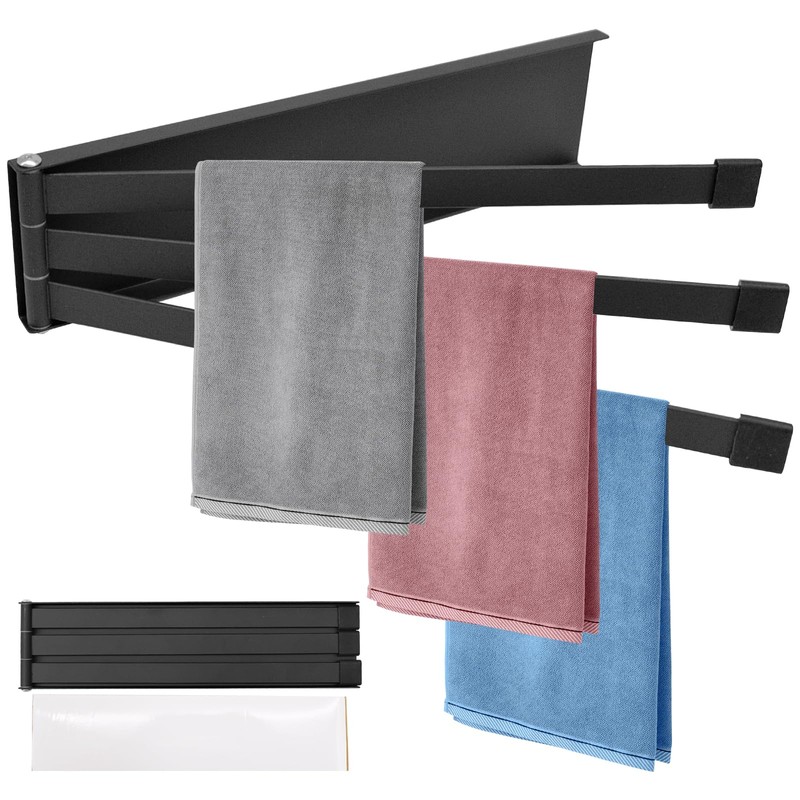 Towel Rail Black with 3 Arms No Drilling Towel Rail