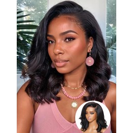 Julia Hair 14 Inch Light Yaki Loose Wave Bob Wig Put On and Go Glueless 13X4 HD Lace Front Short Natural Black Wigs Pre Plucked Pre Cut Lace Bleached Knots with Elastic Drawstring