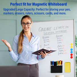 Keinlan 2Pcs Magnetic Pen Holder & Organizer for Whiteboard Fridge Office & School, Strong Magnet Back Adjustable Marker Holder with Eraser, 6Pcs Magnets, Classroom Essentials for Teachers - Black