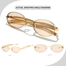 SUNBSR Retro Oval Sunglasses for Women Men 70s Trendy Sardine Sun Glasses Gold Metal Frame Shades UV400 Protection (Gold/Champagne)