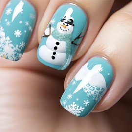 Christmas Press on Nails Medium Square Fake Nails Snowflake False Nails with Designs Cute Snowman Full Cover Winter Blue Glossy Glue on Nails Xmas Stick on Nails Acrylic Nails for Women Girls 24 Pcs