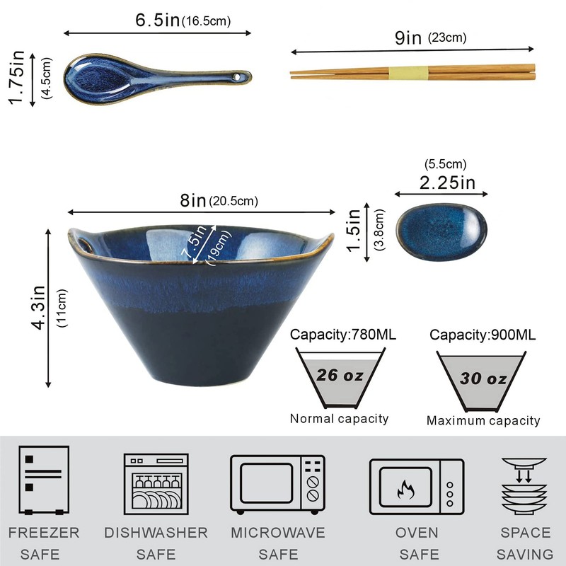 UNICASA Japanese Ramen Bowl Set with Chopsticks, Spoons and Rests,