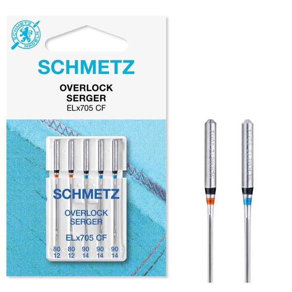 SCHMETZ Sewing Machine Needle Set, 5 Overlock Needles, Needle Systems ELx705 CF and SY 2022, Needle Thicknesses: 2 x 80/12, 3 x 90/14