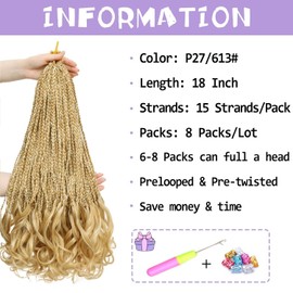French Curl Crochet Braids 18 Inch Goddess Box Braids Crochet Hair for Women 7 Packs Pre Looped with Curly Ends Synthetic French Curly Braiding Hair Extensions P27/613