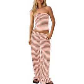 FreeCute Women’s Striped Two Piece Sets Summer Lounge Outfits Bandeau Tube Top and Pants Matching Set Beach Vacation
