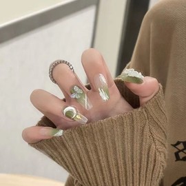 Magrace Handmade Press on Nails Medium Blue Fake Nails Long Coffin Stick on Nails for Womrn Gel UV Finish Handmade Nail Art with Design 10 pcs