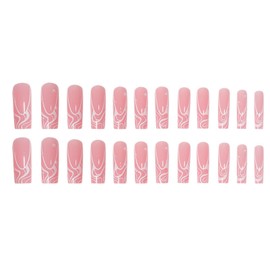 Square Press on Nails Long Pearl Pink Fake Nails Acrylic False Nails with White Irregular Swirl Design Stick on Nails Artificial Glossy French tip Glue on Nails for Women Girls 24 Pcs