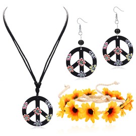 ORAZIO Hippie Costume Set for Women Peace Sign Necklace Peace Sign Earring Flower Crown Headband 60s 70s Party Accessories Jewelry Set