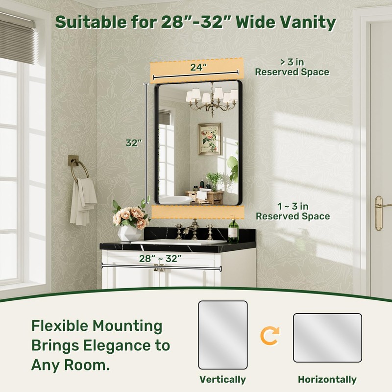 REYPEK 24x32 Black Bathroom Mirror for Over Sink, Metal Framed