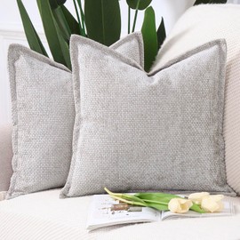 Madizz Set of 2 Chenille Velvet Cushion Covers with Flange Soft Boho Textured Throw Pillow Covers Broadside Pillowcases Modern Farmhouse Home Decor for Sofa Bedroom Oatmeal 18x18 inch, 45x45 cm