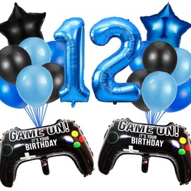 HCRXVV Gamer Decoration 12th Birthday Boy, 12 Year Video Game Birthday Decoration, Blue Balloons Set with Black Game Controller Balloons for 12th Gamers Children Birthday Decoration Party Accessories
