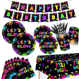 194 Pcs Neon Glow in the Dark Party Supplies for 24 People, Includes Plates, Cups, Napkins, Cutlery, Tablecloth, and Banner – Ideal for Fun Neon Themed Birthdays and Events