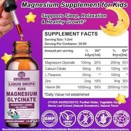 Magnesium Glycinate Liquid for Kids & Adults, Magnesium Glycinate 200/100mg with Calcium, L-theanine, Vitamin B6 Zinc for Restful Sleep,Brain & Focus,