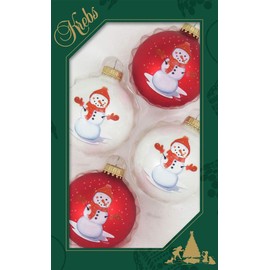 Glass Christmas Tree Ornaments - 67mm/2.63" [4 Pieces] Decorated Balls from Christmas by Krebs Seamless Hanging Holiday Decor (Porcelain White and Flame Red with Snowman)