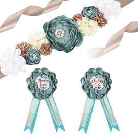 3pcs Teddy Bear Mommy to Be Sash, Mommy and Daddy to Be Pins Corsage, Maternity Sash Belt for Baby Shower, Maternity Photography Props, Souvenir Gifts, Baby Shower Decorations (Green)