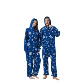 XMASCOMING Women's & Men's Hooded Fleece Onesie Pajamas Blue Snowflake Size US S