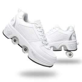 Roller Skate Shoes for Women Four Rounds Children's Roller Skates Shoes That Turn into Rollerskates Sneakers Outdoor Light Shoes with Wheels for Girls/Boys (White Silver, US 5)