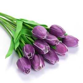 Beksodi 10Pcs Artificial Tulips Flowers, Real Touch Latex Fake Tulips Flowers for Decoration 13.5" Floral Arrangement Bulk Flowers for Vase Centerpieces Wedding Party, Violet