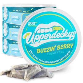 Upperdeckys, Buzzin Berry Caffeine Energy Pouches - Free Replacement and Alternative for Focus and Energy - Sugar Free Nootropic Pouches, Made in the USA and Delicious Flavor (4-Pack, 200mg)