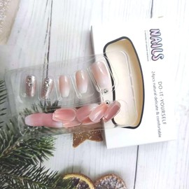 Coffin Press on Nails Medium Length With Rhinestone Designs Full Cover Gradient Acrylic False Nails for Women Cute Glitter Glue on Manicure Kit 24Pcs