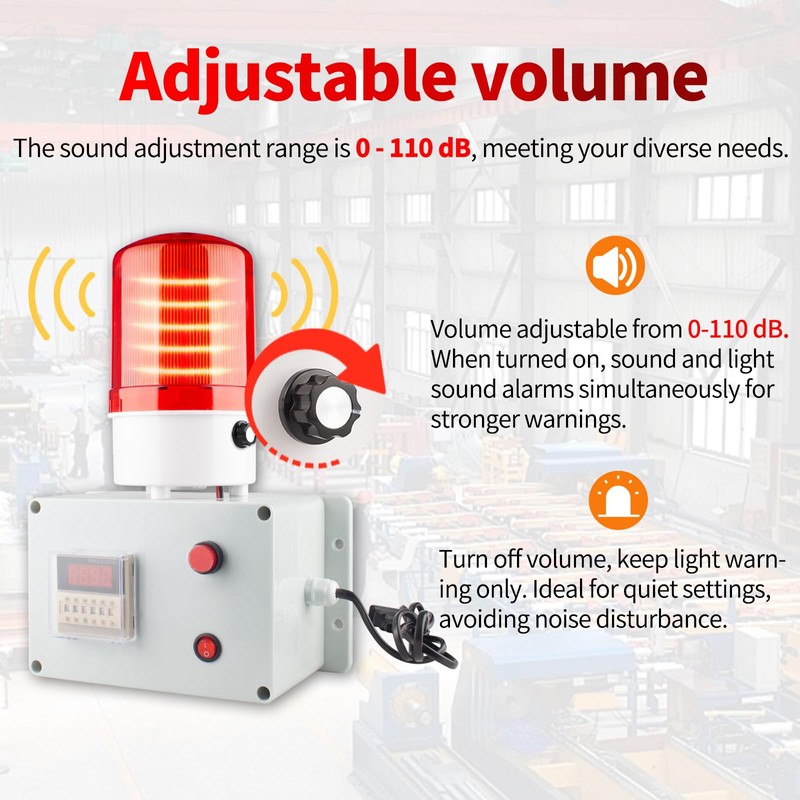 Cycle Timer Alarm with Flashing Light - 0-110dB Adjustable Siren,