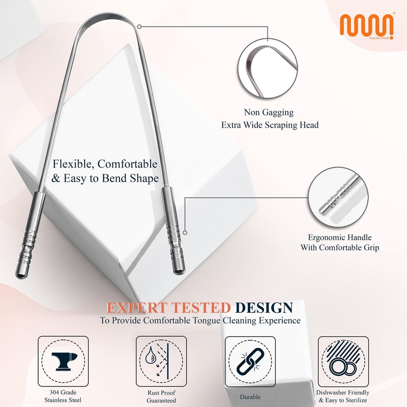 MasterMedi Tongue Scraper with Multicolor Cases (2 Pack), 100% Stainless