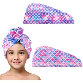 MADHOLLY - Toalla de pelo de microfibra de secado rápido para niños y mujeres, paquete de 2 toallas de pelo suaves superabsorbentes con botón, turbante antifricción para cabello largo y rizado más