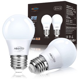 AOGOLO LED Refrigerator Light Bulb, 5000K Daylight, 2 Pcs, 40W Equivalent, 5W AC120V A15 Fridge Waterproof Bulbs, E26 Medium Base, Freezer Ceiling Appliance, Home Lighting Lamp, Non-dimmable