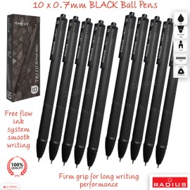 RADIUS Trixo Retractable Ballpoint Pens, BLACK, Fine Point (0.7mm), Pack of 10, Triangular Grip, Smooth Ball Pens, School Office Home Hospital Doctor Nurse Use