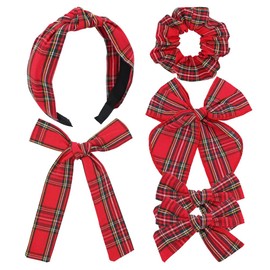 Set of 6 Tartan Bow Hair Clips for Baby Girl and Mom Women Plaid Headbands Scrunchies Scottish Hair Bows for School Girls (6 pcs Tartan Red)