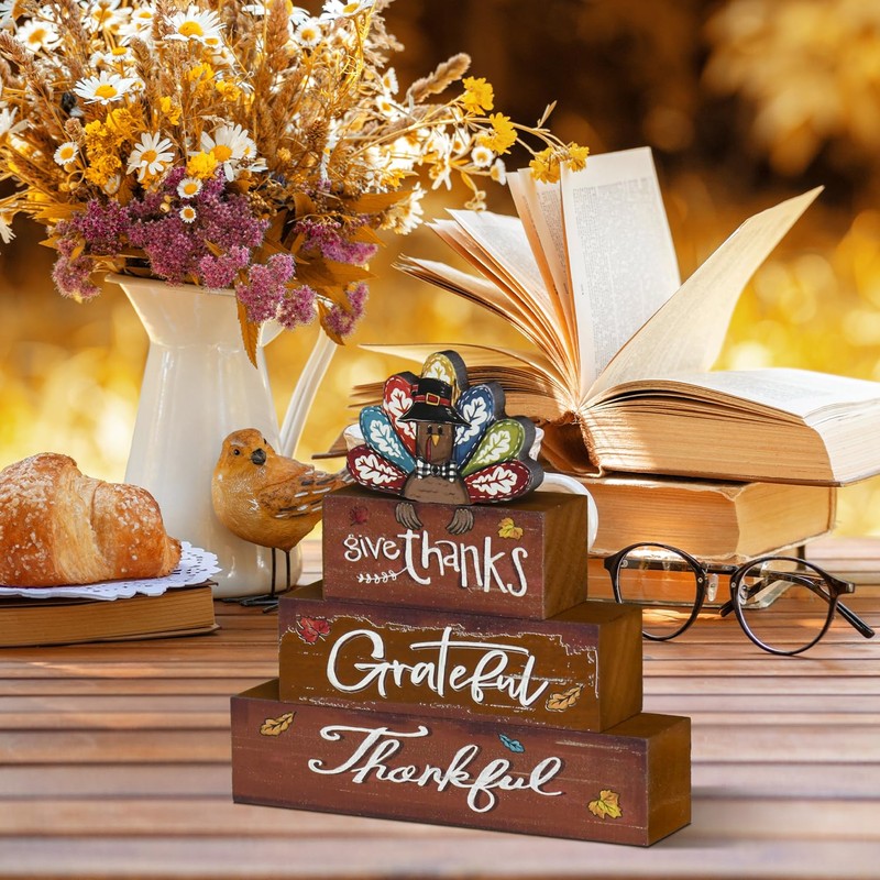 Smile Thanksgiving Decor Indoor Wooden Block Signs, Thankful Grateful Turkey