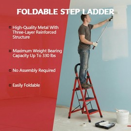 3 Step Ladder Folding, Step Stools for Adults with Wide Anti-Slip Pedals, Curved Cushioned Handrail and Safe-Lock Design, Heavy Duty Portable Multi-Purpose Ladders for Home, Kitchen, Household