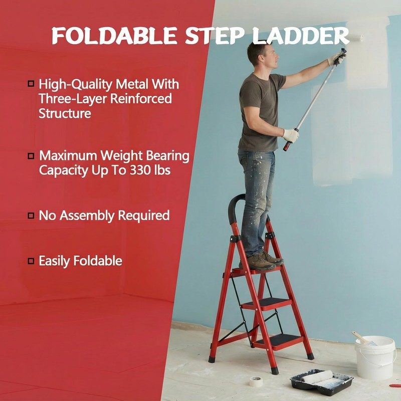 3 Step Ladder Folding, Step Stools for Adults with Wide