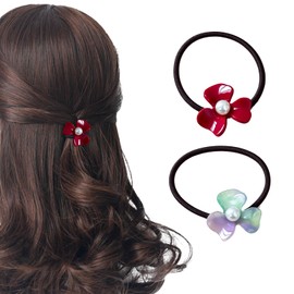 Flower Pearl Hair Scrunchies for Women Red Elastic Hair Ties Flower Thin Hair Ties Floral Ponytail Holder Spring Summer Hair Accessories Hair Bands 2Pcs